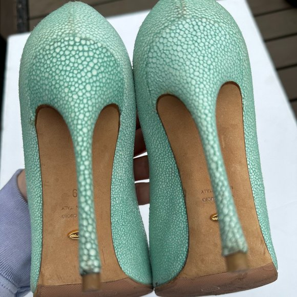 Sergio Rossi Peep Toe Pumps Crackled Leather Upper Sz 39 in Aquamarine Stiletto - Picture 8 of 11